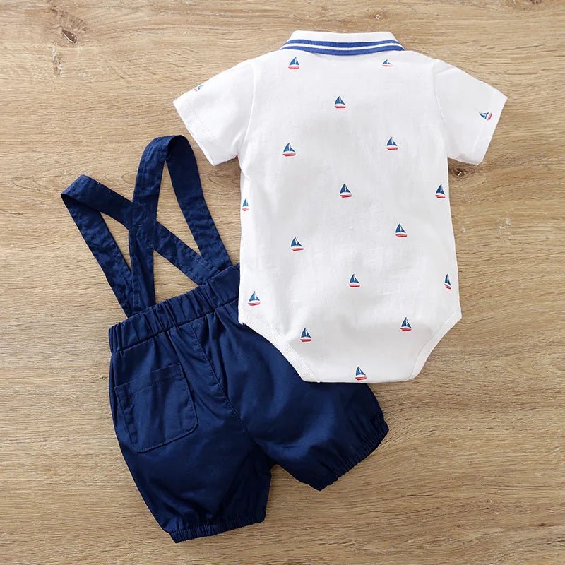 Gentleman Sailboat Print Bodysuit 2Piece Strap Pants + Polo Set - itzy bitsy