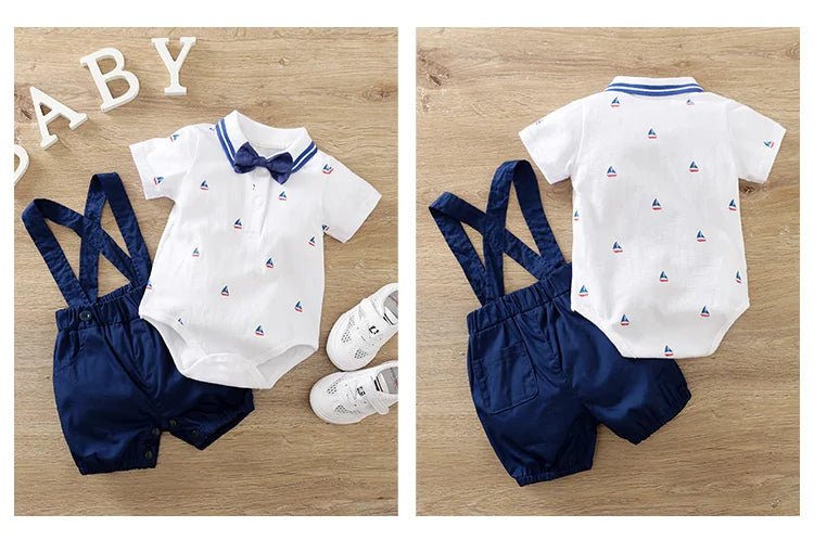 Gentleman Sailboat Print Bodysuit 2Piece Strap Pants + Polo Set - itzy bitsy