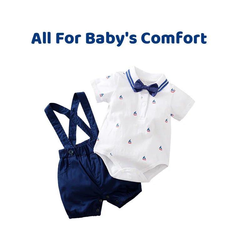 Gentleman Sailboat Print Bodysuit 2Piece Strap Pants + Polo Set - itzy bitsy