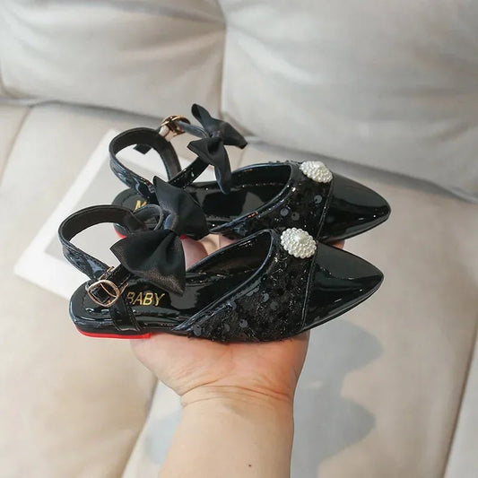 Leather with Elegant Beading Bowtie Soft Sole Princess Shoes - itzy bitsy