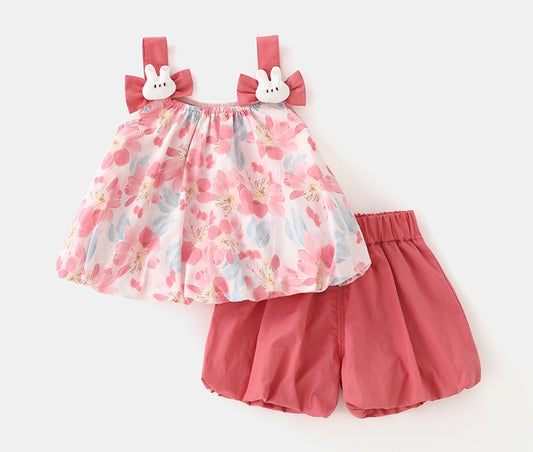 Girls' Floral Summer Bunny Strap 2Pcs Set Outfit