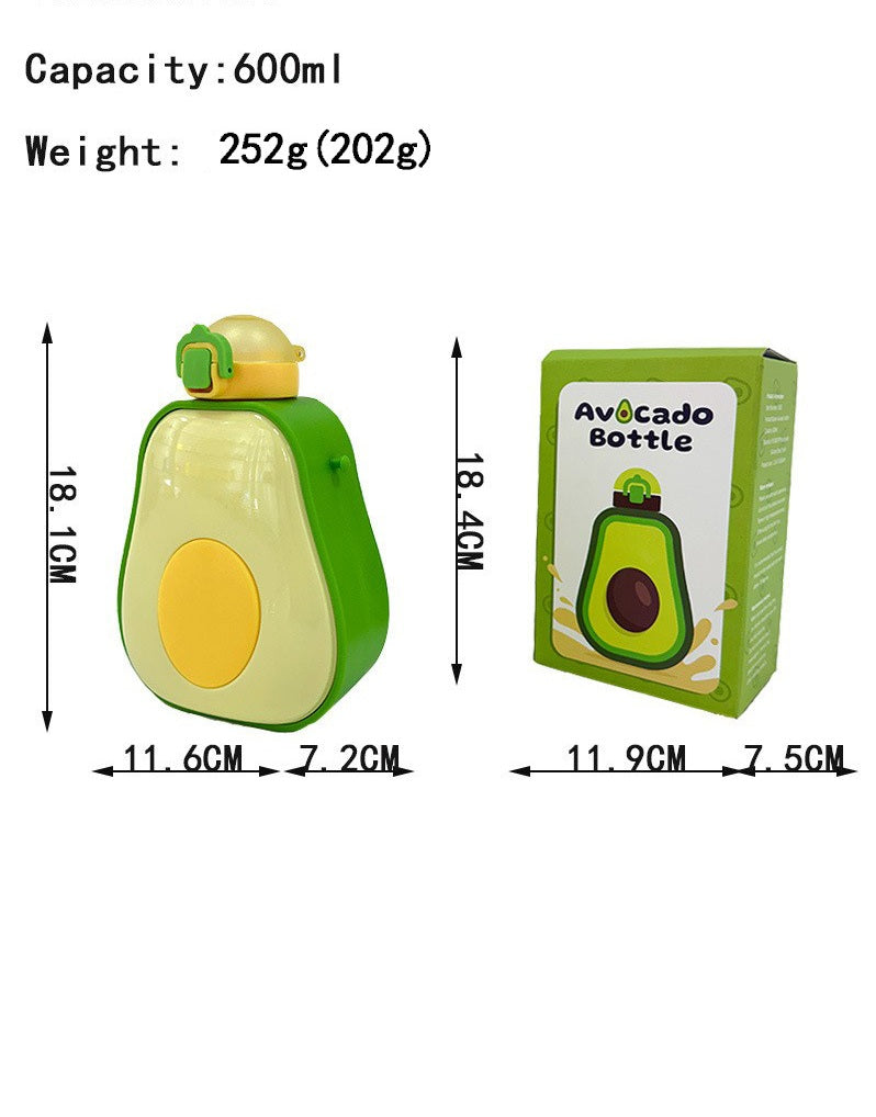 600mls Cute Avocado Straw Plastic Water Bottle
