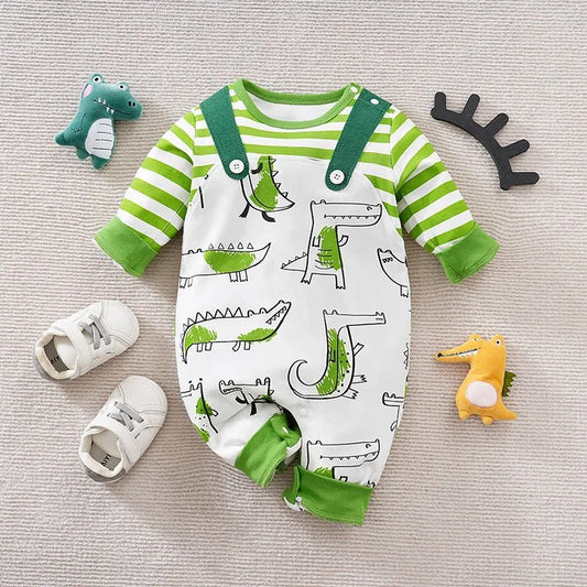 Spring And Autumn Unisex Cute Cartoon Strap Crocodile Printed Cotton Comfortable Long Sleeve Baby Bodysuit - itzy bitsy