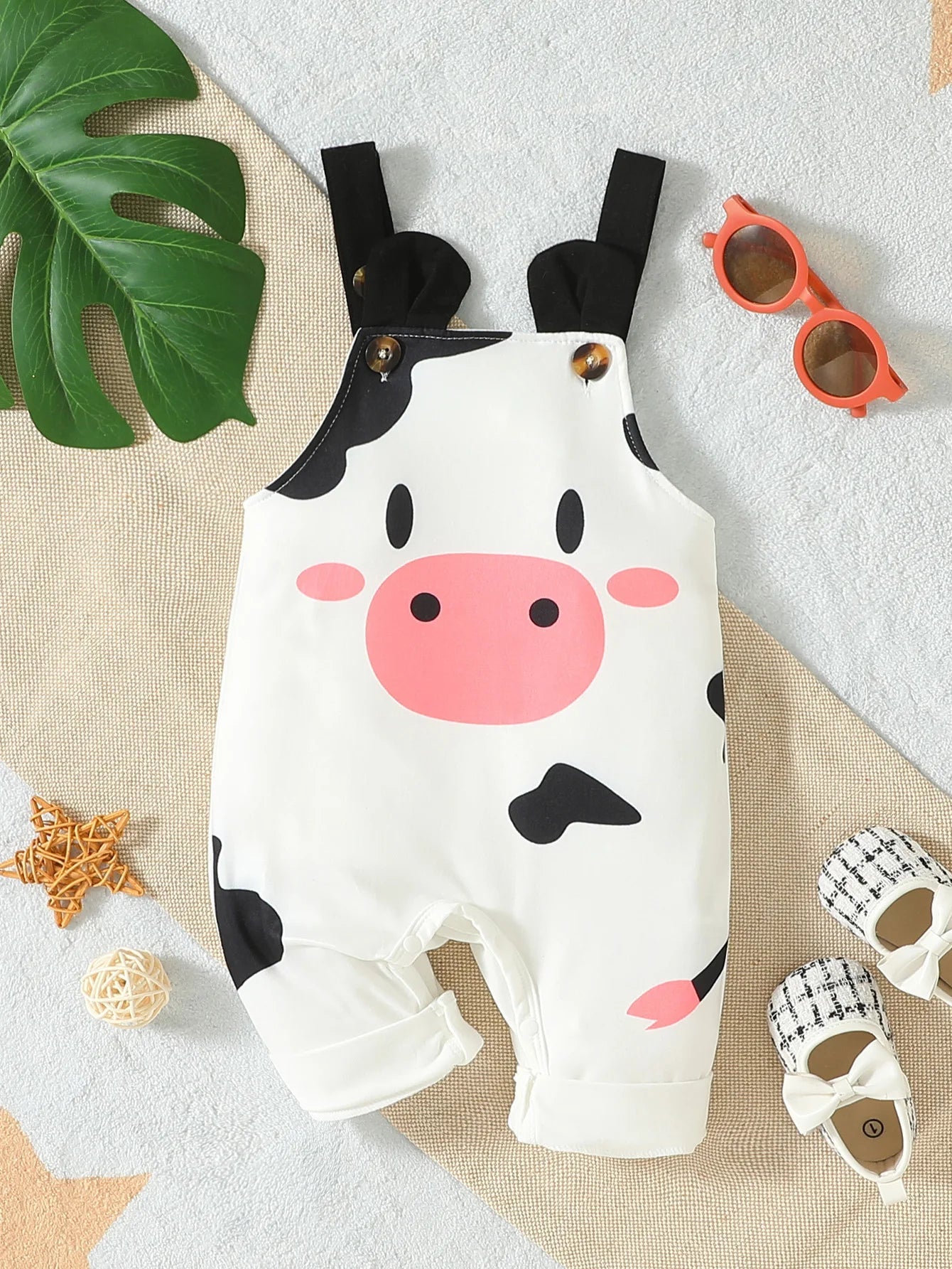 Summer Cartoon Cow White Suspender Trousers - itzy bitsy