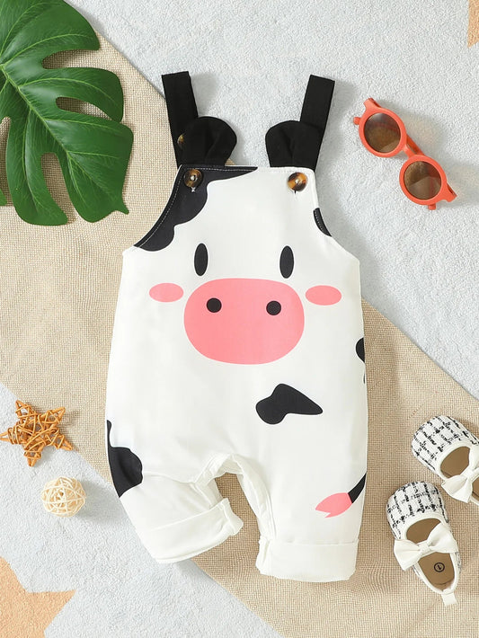 Summer Cartoon Cow White Suspender Trousers - itzy bitsy