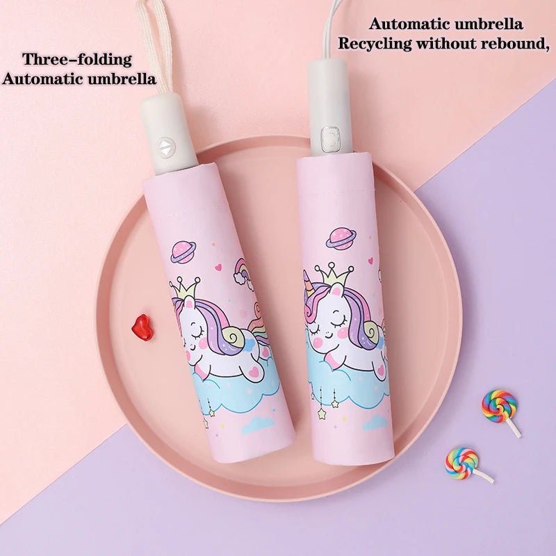 Three - folding Umbrella Automatic Pink Unicorn Umbrella - itzy bitsy