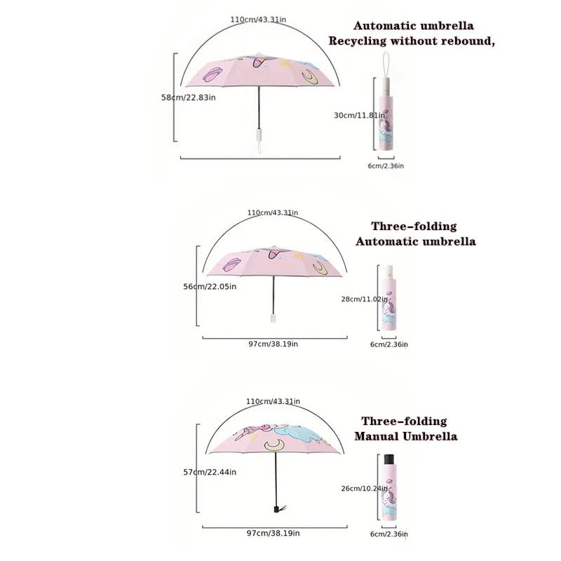 Three - folding Umbrella Automatic Pink Unicorn Umbrella - itzy bitsy