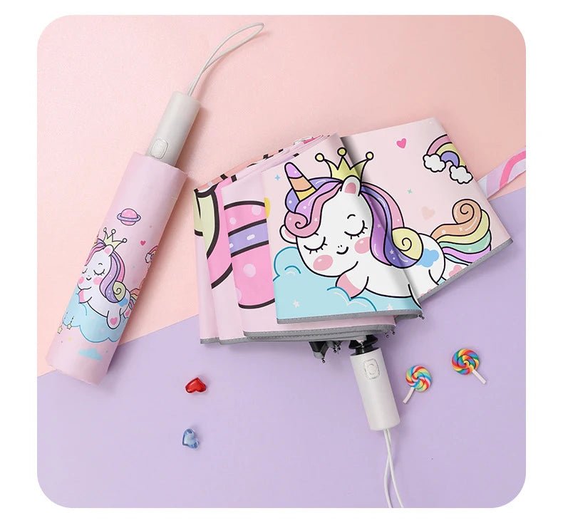 Three - folding Umbrella Automatic Pink Unicorn Umbrella - itzy bitsy