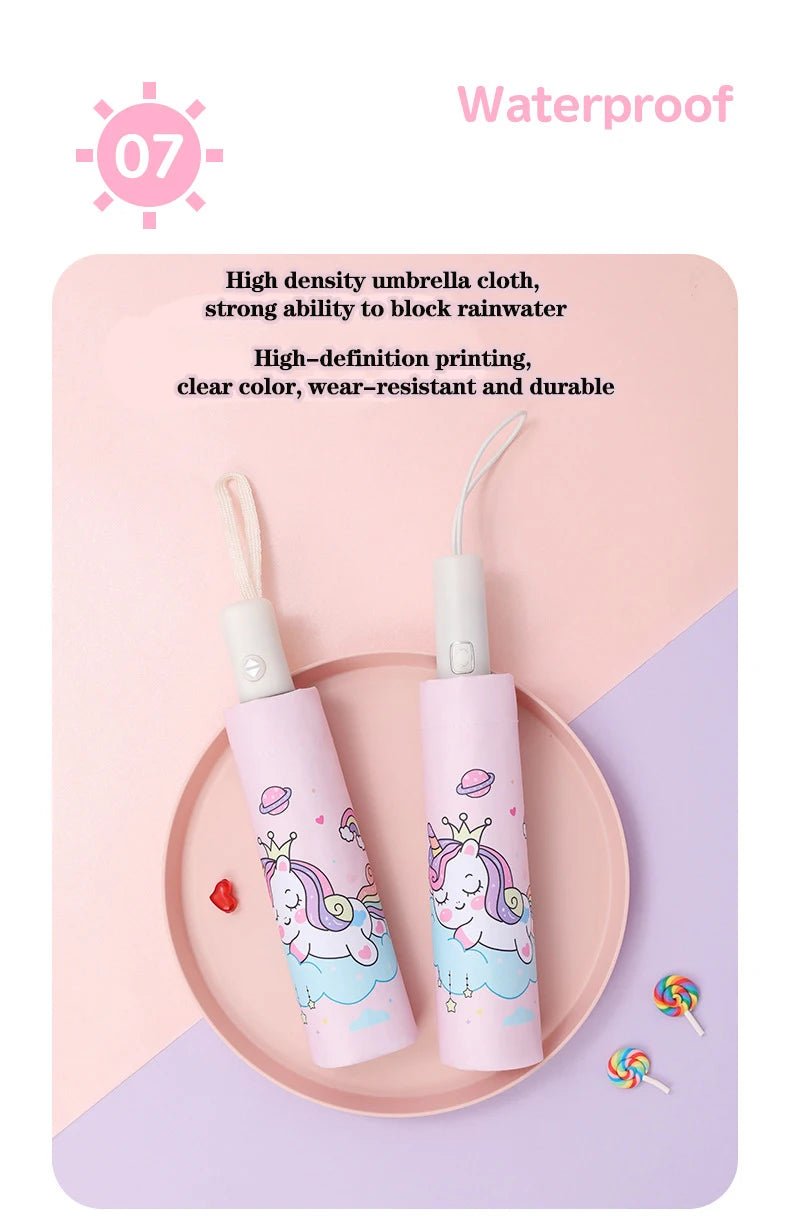 Three - folding Umbrella Automatic Pink Unicorn Umbrella - itzy bitsy