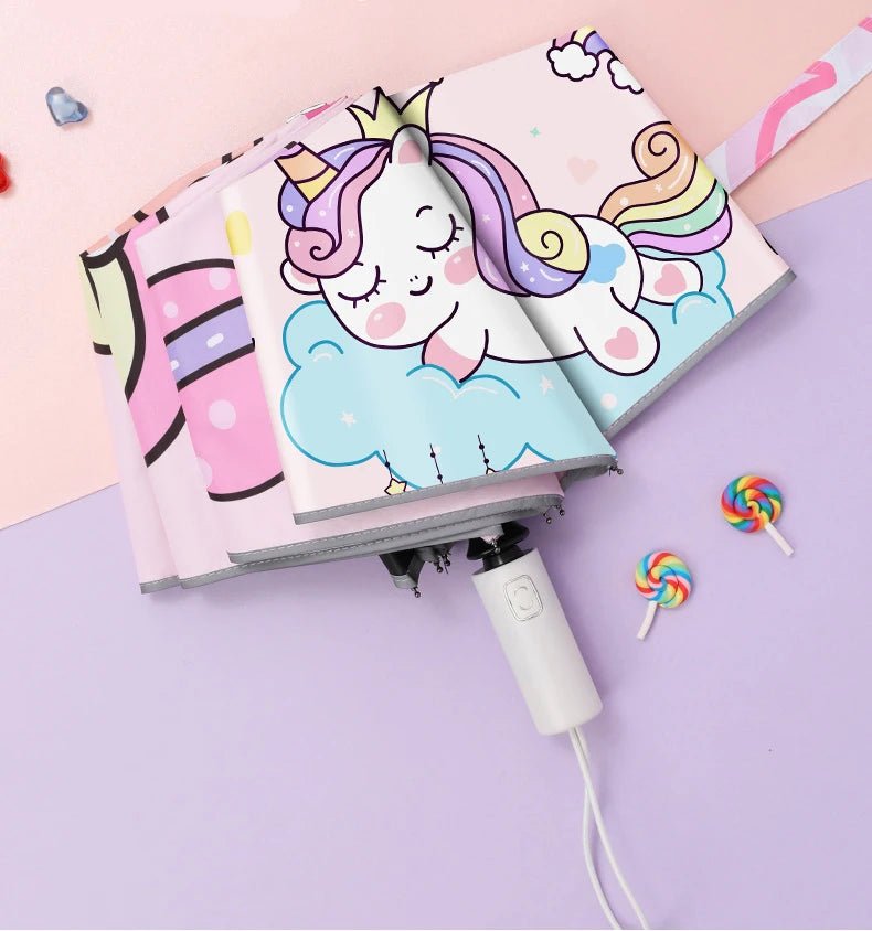 Three - folding Umbrella Automatic Pink Unicorn Umbrella - itzy bitsy