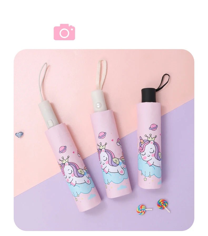 Three - folding Umbrella Automatic Pink Unicorn Umbrella - itzy bitsy