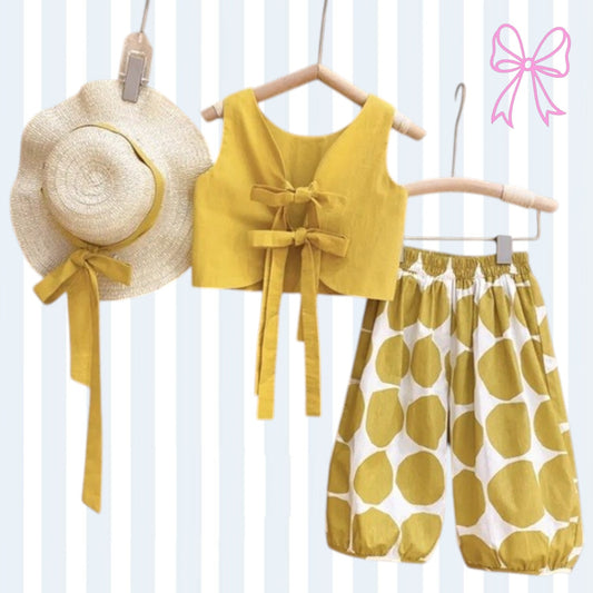 Girls Pastoral Backless Top + Polka Dot Bloomers Pants 2Pcs Outfit Set