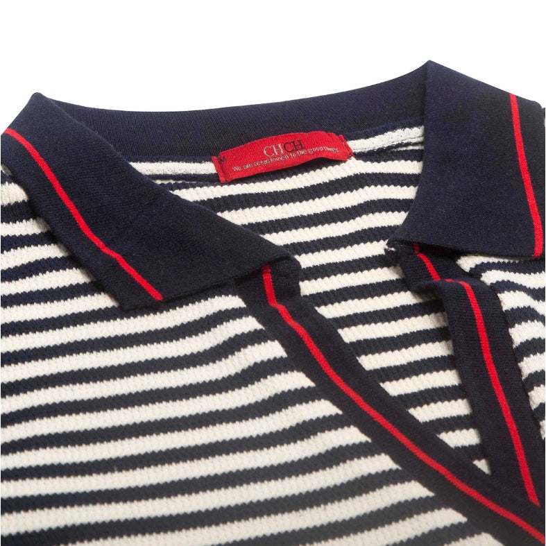 CH Women Stripe Knitted Chic Short Sleeve Polo Shirt