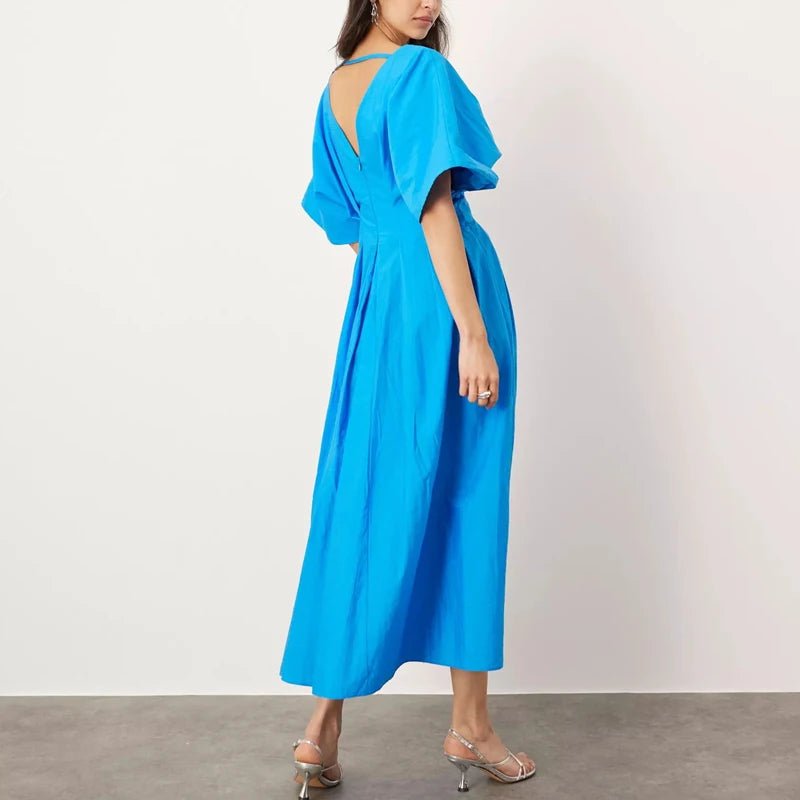 Women V Neck Pleated Blue High Waist Summer Dress - itzy bitsy