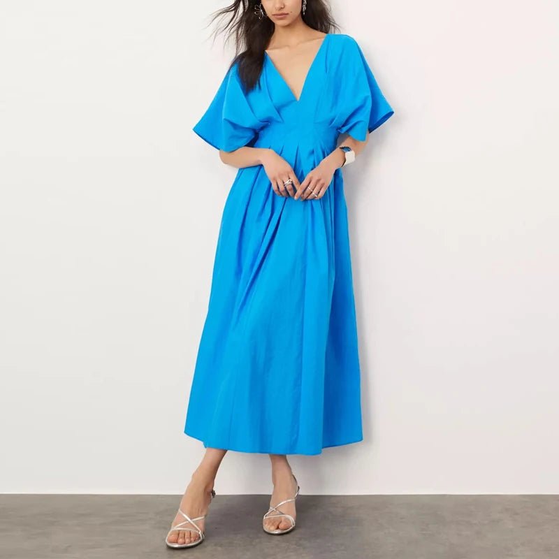 Women V Neck Pleated Blue High Waist Summer Dress - itzy bitsy