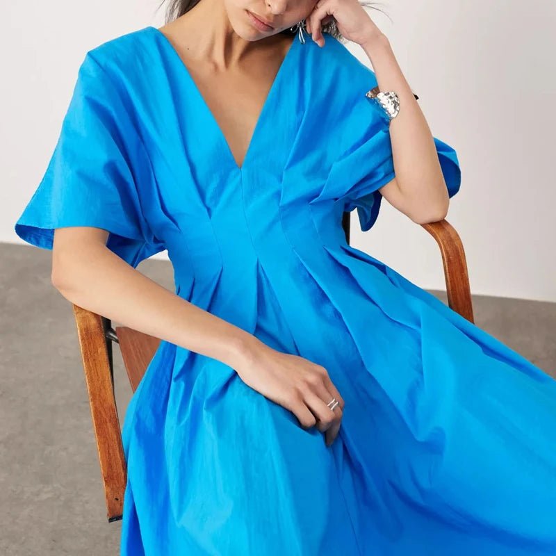 Women V Neck Pleated Blue High Waist Summer Dress - itzy bitsy