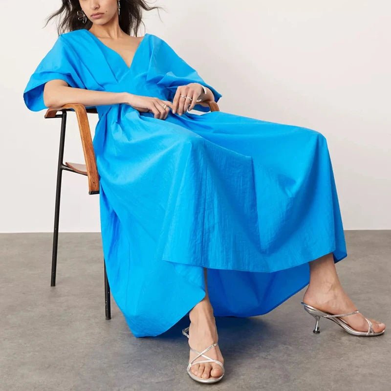 Women V Neck Pleated Blue High Waist Summer Dress - itzy bitsy