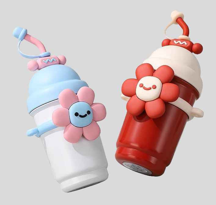 700ml Sunflower and Heart 316 Stainless Steel Water Bottle with Straw